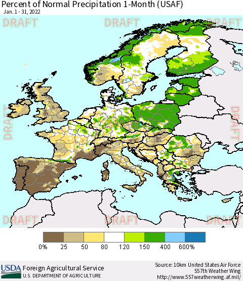 Europe Percent of Normal Precipitation 1-Month (USAF) Thematic Map For 1/1/2022 - 1/31/2022