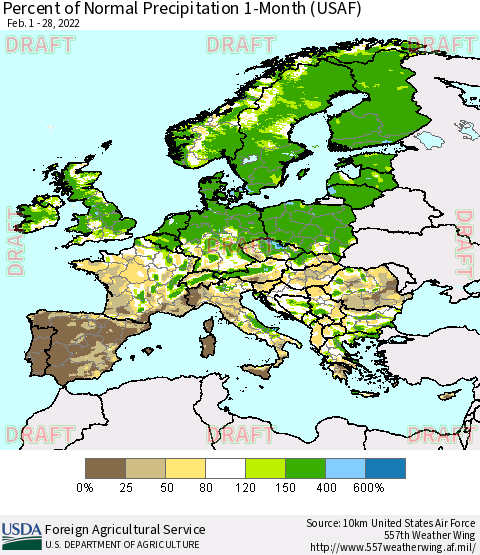 Europe Percent of Normal Precipitation 1-Month (USAF) Thematic Map For 2/1/2022 - 2/28/2022
