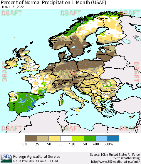 Europe Percent of Normal Precipitation 1-Month (USAF) Thematic Map For 3/1/2022 - 3/31/2022