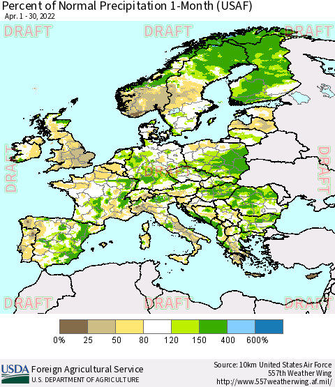 Europe Percent of Normal Precipitation 1-Month (USAF) Thematic Map For 4/1/2022 - 4/30/2022