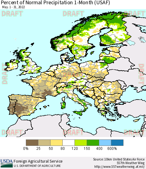 Europe Percent of Normal Precipitation 1-Month (USAF) Thematic Map For 5/1/2022 - 5/31/2022