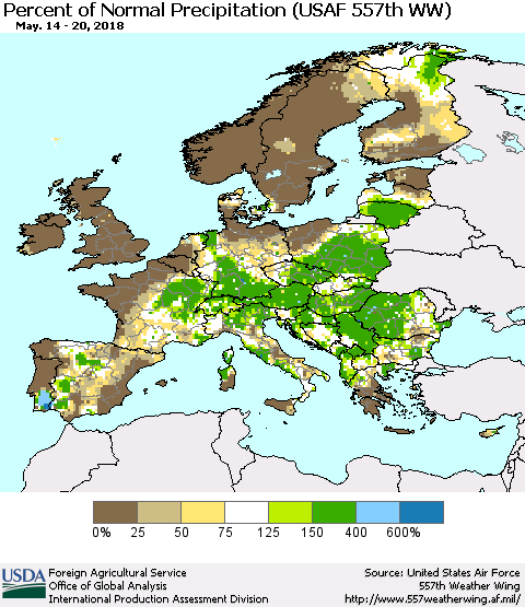 Europe Percent of Normal Precipitation (USAF 557th WW) Thematic Map For 5/14/2018 - 5/20/2018