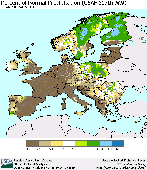 Europe Percent of Normal Precipitation (USAF 557th WW) Thematic Map For 2/18/2019 - 2/24/2019