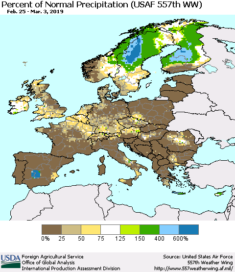Europe Percent of Normal Precipitation (USAF 557th WW) Thematic Map For 2/25/2019 - 3/3/2019