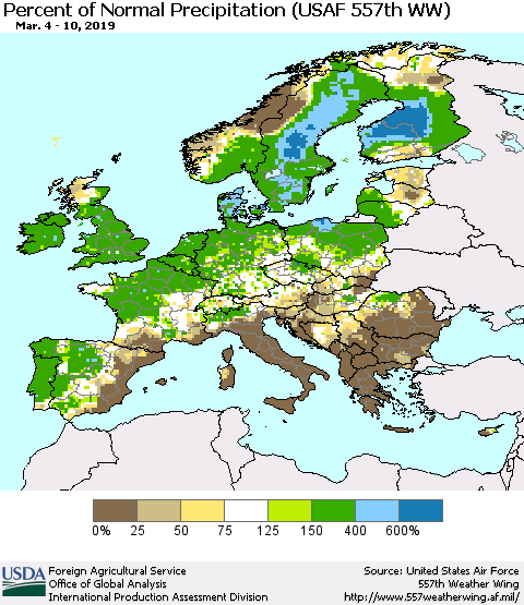Europe Percent of Normal Precipitation (USAF 557th WW) Thematic Map For 3/4/2019 - 3/10/2019