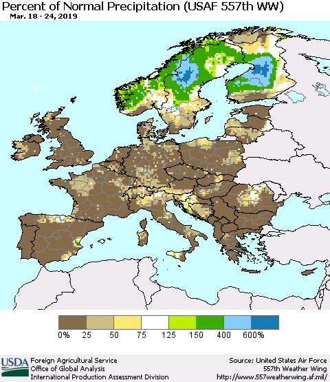 Europe Percent of Normal Precipitation (USAF 557th WW) Thematic Map For 3/18/2019 - 3/24/2019