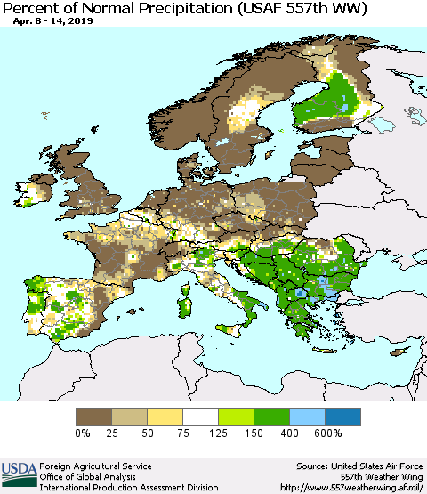 Europe Percent of Normal Precipitation (USAF 557th WW) Thematic Map For 4/8/2019 - 4/14/2019