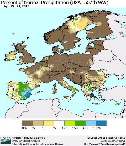 Europe Percent of Normal Precipitation (USAF 557th WW) Thematic Map For 4/15/2019 - 4/21/2019