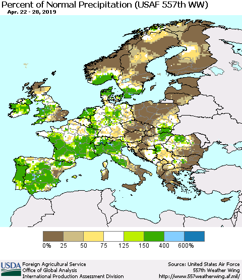 Europe Percent of Normal Precipitation (USAF 557th WW) Thematic Map For 4/22/2019 - 4/28/2019