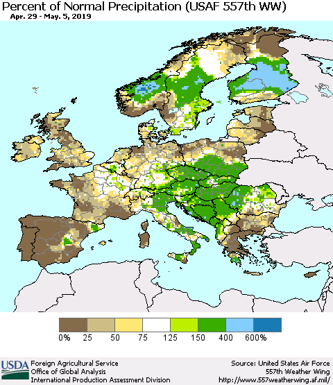 Europe Percent of Normal Precipitation (USAF 557th WW) Thematic Map For 4/29/2019 - 5/5/2019