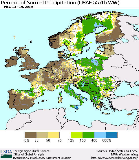 Europe Percent of Normal Precipitation (USAF 557th WW) Thematic Map For 5/13/2019 - 5/19/2019