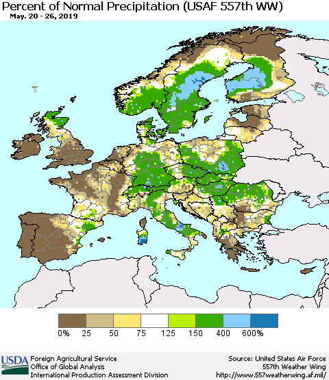 Europe Percent of Normal Precipitation (USAF 557th WW) Thematic Map For 5/20/2019 - 5/26/2019