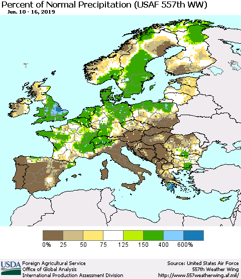 Europe Percent of Normal Precipitation (USAF 557th WW) Thematic Map For 6/10/2019 - 6/16/2019