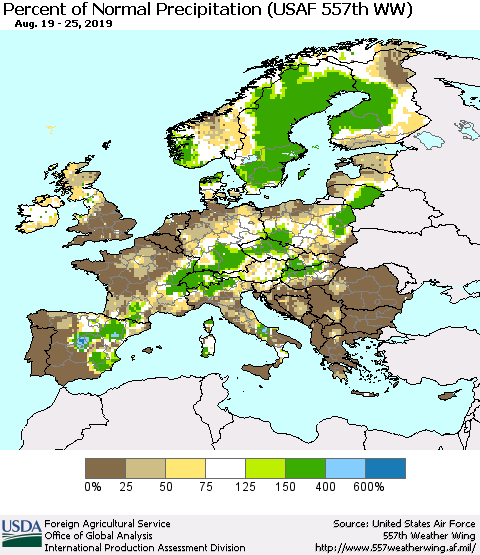 Europe Percent of Normal Precipitation (USAF 557th WW) Thematic Map For 8/19/2019 - 8/25/2019