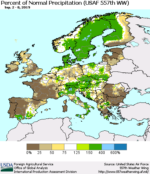 Europe Percent of Normal Precipitation (USAF 557th WW) Thematic Map For 9/2/2019 - 9/8/2019