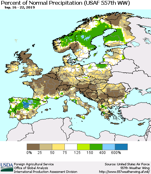 Europe Percent of Normal Precipitation (USAF 557th WW) Thematic Map For 9/16/2019 - 9/22/2019