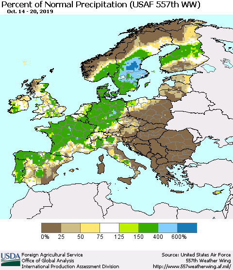 Europe Percent of Normal Precipitation (USAF 557th WW) Thematic Map For 10/14/2019 - 10/20/2019