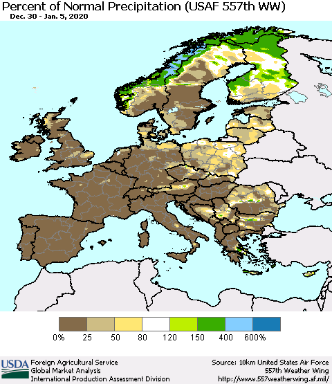 Europe Percent of Normal Precipitation (USAF 557th WW) Thematic Map For 12/30/2019 - 1/5/2020
