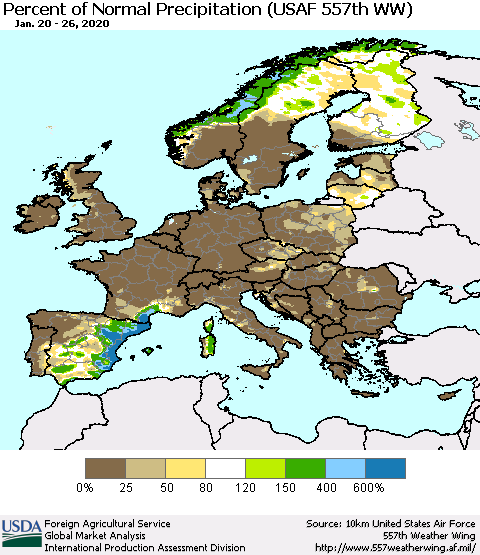 Europe Percent of Normal Precipitation (USAF 557th WW) Thematic Map For 1/20/2020 - 1/26/2020
