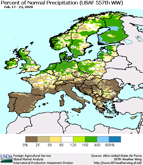 Europe Percent of Normal Precipitation (USAF 557th WW) Thematic Map For 2/17/2020 - 2/23/2020