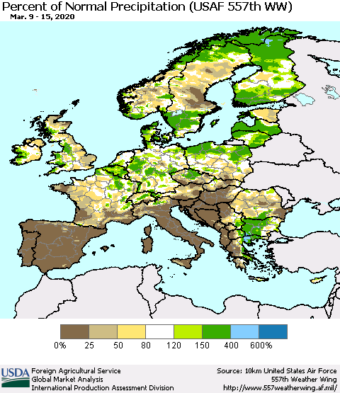 Europe Percent of Normal Precipitation (USAF 557th WW) Thematic Map For 3/9/2020 - 3/15/2020