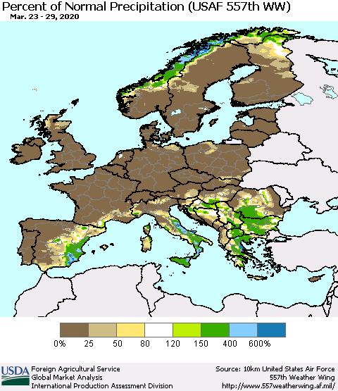 Europe Percent of Normal Precipitation (USAF 557th WW) Thematic Map For 3/23/2020 - 3/29/2020