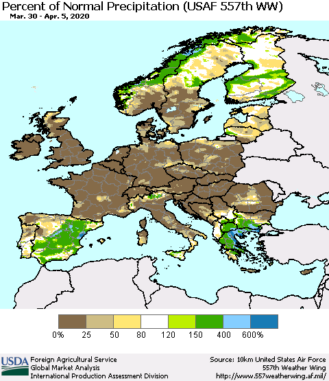 Europe Percent of Normal Precipitation (USAF 557th WW) Thematic Map For 3/30/2020 - 4/5/2020