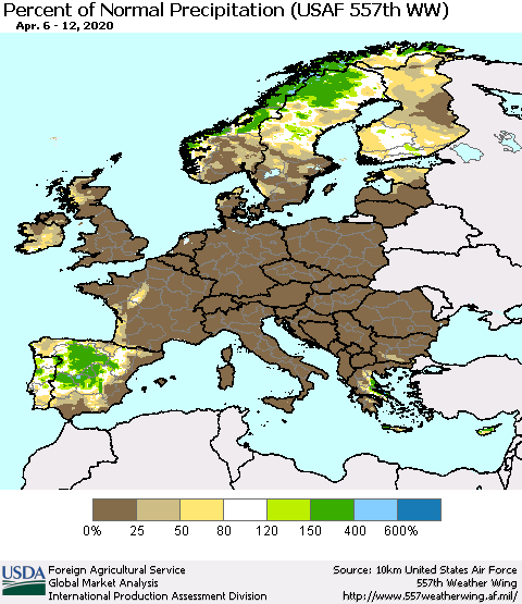 Europe Percent of Normal Precipitation (USAF 557th WW) Thematic Map For 4/6/2020 - 4/12/2020