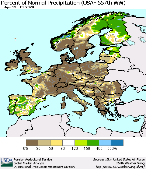 Europe Percent of Normal Precipitation (USAF 557th WW) Thematic Map For 4/13/2020 - 4/19/2020