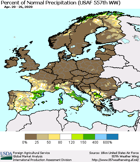 Europe Percent of Normal Precipitation (USAF 557th WW) Thematic Map For 4/20/2020 - 4/26/2020
