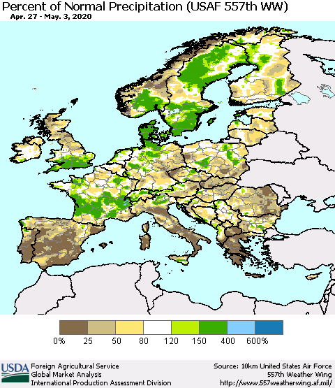 Europe Percent of Normal Precipitation (USAF 557th WW) Thematic Map For 4/27/2020 - 5/3/2020