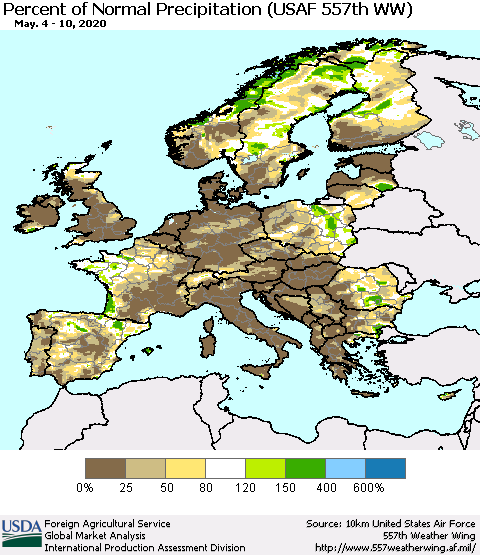 Europe Percent of Normal Precipitation (USAF 557th WW) Thematic Map For 5/4/2020 - 5/10/2020
