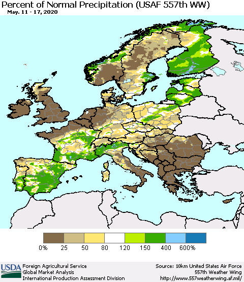 Europe Percent of Normal Precipitation (USAF 557th WW) Thematic Map For 5/11/2020 - 5/17/2020