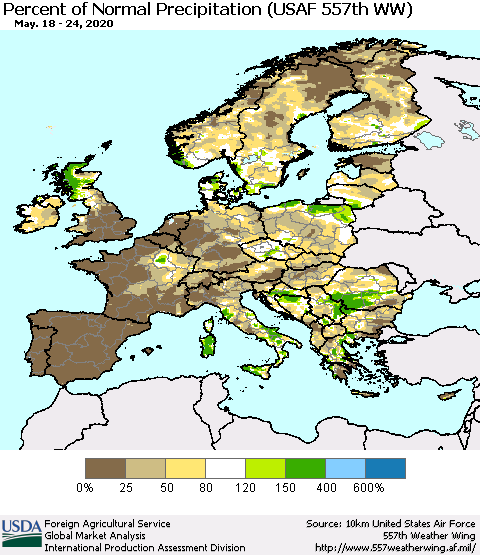 Europe Percent of Normal Precipitation (USAF 557th WW) Thematic Map For 5/18/2020 - 5/24/2020