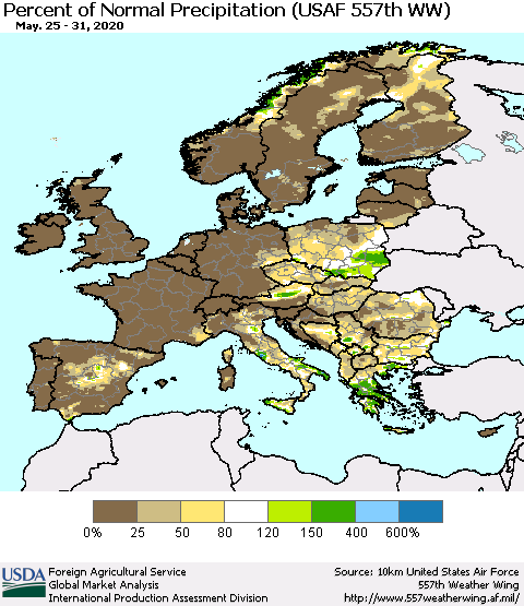 Europe Percent of Normal Precipitation (USAF 557th WW) Thematic Map For 5/25/2020 - 5/31/2020