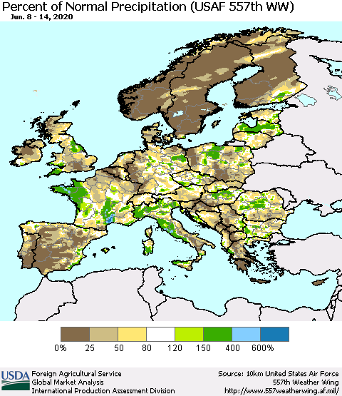 Europe Percent of Normal Precipitation (USAF 557th WW) Thematic Map For 6/8/2020 - 6/14/2020