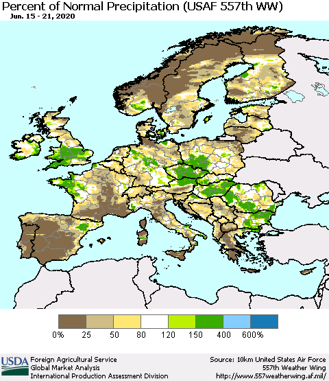 Europe Percent of Normal Precipitation (USAF 557th WW) Thematic Map For 6/15/2020 - 6/21/2020