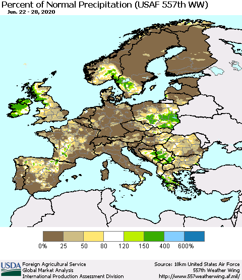 Europe Percent of Normal Precipitation (USAF 557th WW) Thematic Map For 6/22/2020 - 6/28/2020