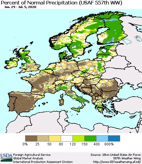 Europe Percent of Normal Precipitation (USAF 557th WW) Thematic Map For 6/29/2020 - 7/5/2020
