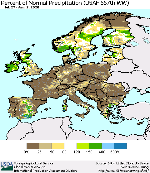 Europe Percent of Normal Precipitation (USAF 557th WW) Thematic Map For 7/27/2020 - 8/2/2020