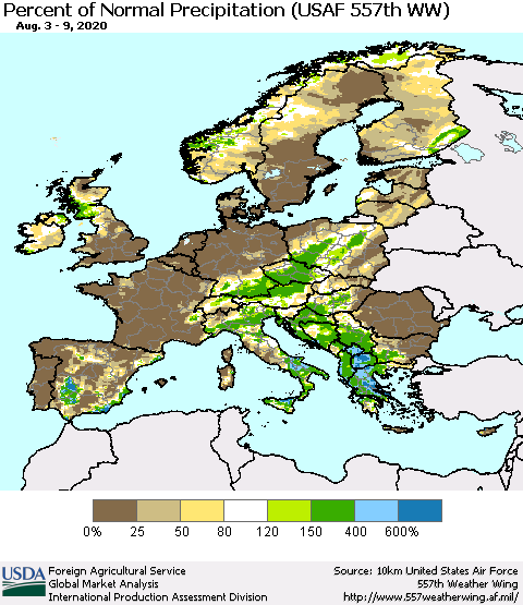 Europe Percent of Normal Precipitation (USAF 557th WW) Thematic Map For 8/3/2020 - 8/9/2020