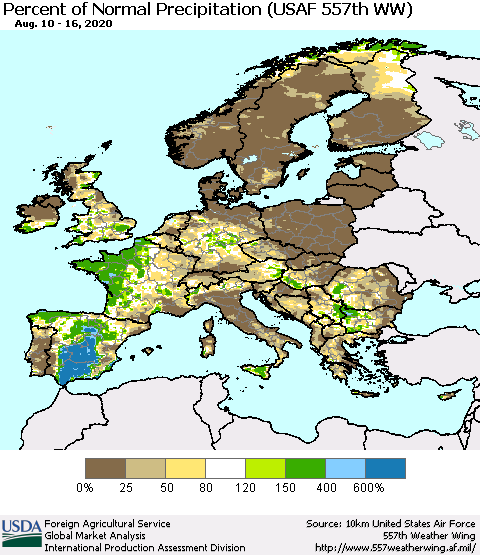 Europe Percent of Normal Precipitation (USAF 557th WW) Thematic Map For 8/10/2020 - 8/16/2020