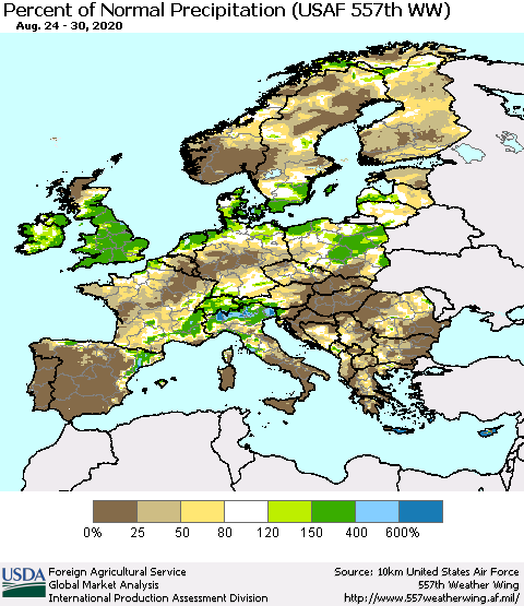 Europe Percent of Normal Precipitation (USAF 557th WW) Thematic Map For 8/24/2020 - 8/30/2020