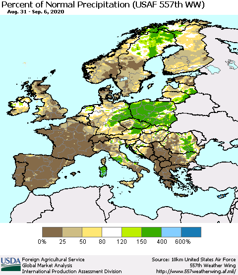 Europe Percent of Normal Precipitation (USAF 557th WW) Thematic Map For 8/31/2020 - 9/6/2020
