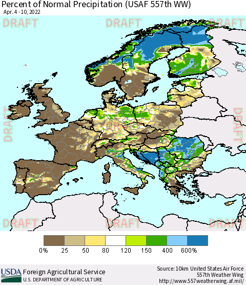 Europe Percent of Normal Precipitation (USAF 557th WW) Thematic Map For 4/4/2022 - 4/10/2022