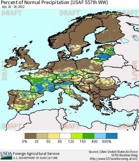 Europe Percent of Normal Precipitation (USAF 557th WW) Thematic Map For 4/18/2022 - 4/24/2022