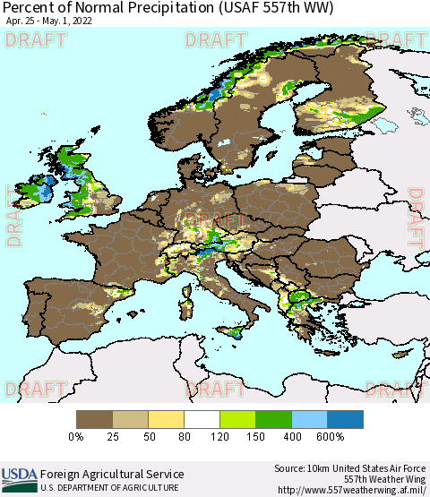 Europe Percent of Normal Precipitation (USAF 557th WW) Thematic Map For 4/25/2022 - 5/1/2022
