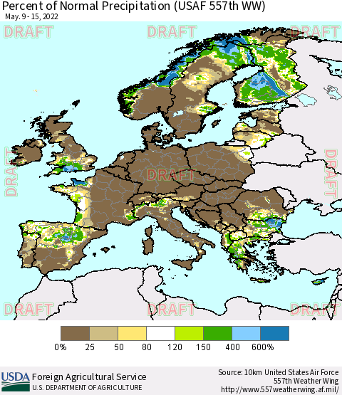 Europe Percent of Normal Precipitation (USAF 557th WW) Thematic Map For 5/9/2022 - 5/15/2022