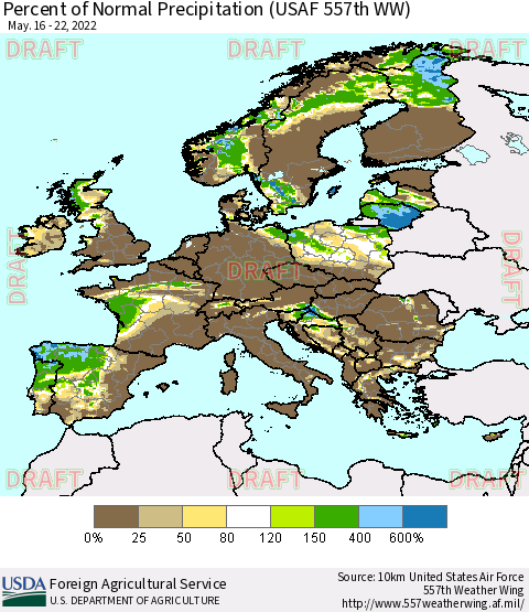 Europe Percent of Normal Precipitation (USAF 557th WW) Thematic Map For 5/16/2022 - 5/22/2022