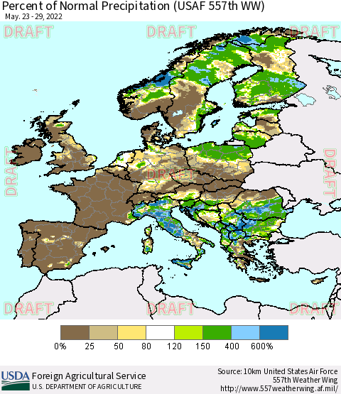 Europe Percent of Normal Precipitation (USAF 557th WW) Thematic Map For 5/23/2022 - 5/29/2022